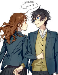 Rule 34 | 1boy, 1girl, arm at side, black skirt, blazer, blue eyes, blue hair, brown cardigan, brown hair, buttons, cardigan, closed mouth, collared shirt, commentary request, copyright name, cowboy shot, eye contact, hagiwara daisuke, hori-san to miyamura-kun, hori kyouko, jacket, lapels, long hair, long sleeves, looking at another, miyamura izumi, notched lapels, open clothes, open jacket, orange eyes, pleated skirt, shirt, short hair, simple background, skirt, smile, teeth, white background