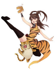 Rule 34 | animal print, bad id, bad pixiv id, brown eyes, brown hair, caee penguin, censored, china dress, chinese clothes, convenient censoring, dress, highres, kicking, legs, solo, thighhighs, tiger, tiger print, twintails