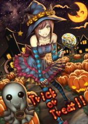 Rule 34 | 1girl, animal ears, bare shoulders, basket, bell, candy, cat ears, cat tail, cloud, collarbone, crescent moon, facial mark, food, food-themed hair ornament, ghost, grin, hair ornament, halloween, hat, highres, izumi sai, jack-o&#039;-lantern, leaning forward, lollipop, moon, night, original, pumpkin, pumpkin hair ornament, red hair, sky, smile, solo, star (sky), star (symbol), star facial mark, starry sky, striped clothes, striped thighhighs, tail, thighhighs, tombstone, trick or treat, witch hat, yellow eyes