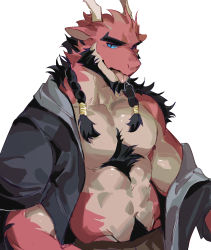 Rule 34 | 1boy, :p, abs, animal ears, bara, bare pectorals, beard, blue sclera, body fur, braid, colored sclera, dragon boy, dragon ears, dragon horns, facial hair, furry, furry male, highres, horns, jacket, large pectorals, male focus, mature male, multiple braids, muscular, muscular male, navel, navel hair, nipples, open clothes, open jacket, original, pectorals, red fur, seato-hao, short hair, single bare shoulder, snout, solo, stomach, thick eyebrows, tongue, tongue out, undressing, upper body