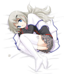 Rule 34 | 1girl, bad id, bad pixiv id, black jacket, feet, female focus, fetal position, full body, grey hair, hair ornament, jacket, light smile, little busters!, long hair, long sleeves, looking at viewer, lying, miniskirt, nagian, noumi kudryavka, on bed, on side, plaid, pleated skirt, skirt, smile, solo, thighhighs, white thighhighs, zettai ryouiki