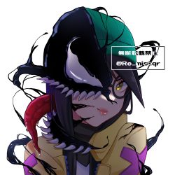Rule 34 | 1girl, absurdres, animification, beanie, black hair, crossover, glasses, green hat, hat, highres, jacket, killjoy (valorant), long hair, long tongue, looking at viewer, marvel, one eye covered, portrait, re mistar, round eyewear, saliva, sharp teeth, smile, solo, spider-man (series), symbiote, teeth, tongue, valorant, venom (marvel), watermark, white background, yellow jacket