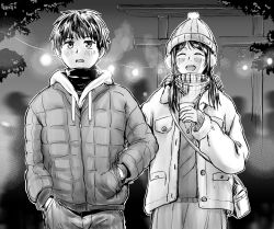 Rule 34 | 1boy, 1girl, bag, beanie, black hair, blush, buttons, cardigan, closed eyes, couple, cup, earmuffs, guglielmo, handbag, hands in pockets, hat, highres, holding, holding cup, hood, hood down, hooded jacket, jacket, jewelry, medium hair, monochrome, necklace, open mouth, outdoors, plaid, plaid scarf, pom pom (clothes), scarf, steam, teeth, upper body, upper teeth only, zipper, zipper pull tab