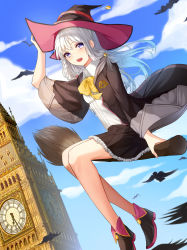 Rule 34 | 1girl, :d, absurdres, arm up, black hat, black robe, black skirt, blue sky, blush, bow, breasts, broom, broom riding, clock, clock tower, cloud, collared shirt, commentary, day, dress shirt, elaina (majo no tabitabi), elizabeth tower, frilled skirt, frills, hair between eyes, hand on headwear, hat, highres, hood, hood down, hooded robe, long hair, long sleeves, looking at viewer, majo no tabitabi, mohaka (m 0haka), open clothes, open mouth, open robe, outdoors, pleated skirt, purple eyes, robe, roman numeral, shirt, silver hair, skirt, sky, small breasts, smile, solo, tower, very long hair, white shirt, wide sleeves, witch hat, yellow bow