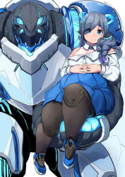 Rule 34 | 1girl, absurdres, animal ears, bare shoulders, belly, blue eyes, breasts, detached sleeves, extra eyes, fat, grey hair, highres, holding person, horns, korean commentary, large breasts, long hair, looking at viewer, mecha, mechanical legs, original, own hands together, plump, robot, short eyebrows, sitting, smile, tajyador, thick eyebrows, thick thighs, thighs