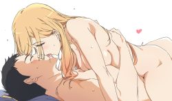 Rule 34 | 1boy, 1girl, black hair, blonde hair, breasts, completely nude, ear piercing, earrings, closed eyes, french kiss, girl on top, gojou wakana, heart, hetero, highres, jewelry, kiss, kitagawa marin, long hair, looking at another, medium breasts, mole, mole under eye, nude, piercing, saliva, sex, short hair, simple background, sono bisque doll wa koi wo suru, sweat, tongue, tongue out, umanosuke, white background