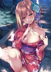Rule 34 | 1girl, bare shoulders, blonde hair, blurry, blurry background, blush, breasts, cleavage, clenched teeth, collarbone, comic exe, dappled sunlight, day, eyelashes, fang, finger to mouth, fingernails, floral print, green eyes, grin, hair ornament, half-closed eyes, highres, japanese clothes, kimono, large breasts, lips, long fingernails, looking at viewer, nail polish, obi, off shoulder, original, outdoors, panties, parted lips, pink nails, piromizu, sash, shade, shushing, sidelocks, sitting, smile, solo, stairs, stone stairs, sunlight, sweat, sweatdrop, teeth, tree, tree shade, underwear, white panties, yukata