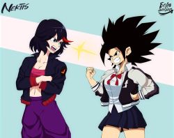 Rule 34 | 2girls, angry, black hair, caulifla, clenched teeth, cosplay, costume switch, crossdressing, crossover, dragon ball, dragon ball super, echo saber, eye contact, jacket, kill la kill, letterman jacket, looking at another, matoi ryuuko, midriff, multiple girls, pants, pleated skirt, purple pants, red neckwear, school uniform, simple background, skirt, spiked hair, strapless, tagme, teeth, tube top, white background