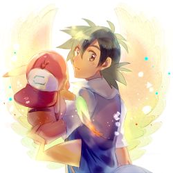 Rule 34 | 1boy, ash ketchum, baseball cap, brown eyes, clothed pokemon, commentary, creatures (company), game freak, gen 1 pokemon, green hair, hair between eyes, hat, highres, jacket, kash-phia, looking at viewer, looking back, male focus, nintendo, parted lips, pikachu, pokemon, pokemon (anime), pokemon (classic anime), pokemon (creature), pokemon on arm, short sleeves, smile, upper body