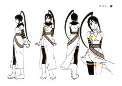 Rule 34 | 00s, 1girl, absurdres, ass, back, black hair, bones (company), breasts, character sheet, cleavage, detached sleeves, high ponytail, highres, large breasts, long hair, looking at viewer, nakatsukasa tsubaki, ninja, official art, ponytail, scan, scarf, side slit, simple background, smile, solo, soul eater, standing, striped, thighhighs, thighs, translation request, very long hair, white background, wide hips