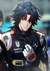 Rule 34 | 1boy, 1other, black shirt, blade (honkai: star rail), blue hair, blurry, blurry background, colored skin, earrings, gloves, gradient hair, hair over one eye, honkai: star rail, honkai (series), jewelry, long hair, looking at viewer, male focus, mature male, multicolored hair, onegingek, parted bangs, racing suit, red eyes, red hair, shirt, solo focus, standing, sweat, unzipping, upper body, white gloves, white skin