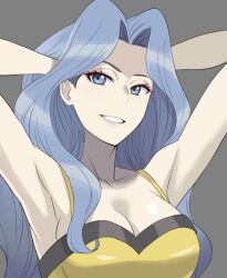 Rule 34 | 1girl, bare arms, bare shoulders, blue eyes, blue hair, breasts, cleavage, collarbone, creatures (company), crop top, game freak, hands in hair, karen (pokemon), large breasts, long hair, nintendo, parted bangs, parted lips, pokemon, pokemon hgss, solo, wavy hair, yellow crop top, ynet8322