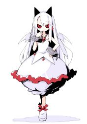 Rule 34 | asameshi, bat wings, black sclera, blush stickers, chain, colored sclera, cuffs, dress, full body, hand up, horns, jewelry, long hair, looking at viewer, pendant, phantom kingdom, pointy ears, pram (phantom kingdom), red eyes, shackles, shoes, simple background, sleeveless, sleeveless dress, smile, solo, white background, white dress, white footwear, white hair, white wings, wings