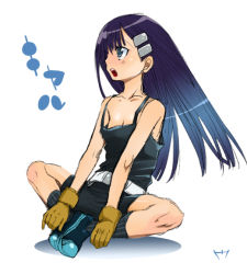 Rule 34 | 00s, bike shorts, flat chest, gloves, kiyal bachika, long hair, purple hair, sitting, solo, tengen toppa gurren lagann