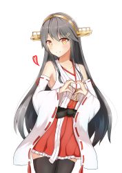 Rule 34 | 1girl, absurdres, aiban, black thighhighs, brown hairband, collarbone, cowboy shot, detached sleeves, floating hair, frilled skirt, frills, grey hair, hair between eyes, hair ornament, hairband, hairclip, hakama, hakama short skirt, hakama skirt, haruna (kancolle), heart, heart hands, highres, japanese clothes, kantai collection, long hair, orange eyes, red hakama, ribbon-trimmed sleeves, ribbon trim, simple background, skirt, solo, standing, thighhighs, thighs, very long hair, white background, zettai ryouiki