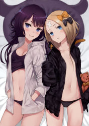 Rule 34 | 2girls, abigail williams (fate), abigail williams (traveling outfit) (fate), bandaid, bandaid on face, bandaid on forehead, black bow, black jacket, black panties, blonde hair, blue eyes, blush, bow, breasts, cleavage, closed mouth, collarbone, fate/grand order, fate (series), forehead, hair bow, hands in pockets, holding, holding stuffed toy, hood, hoodie, jacket, katsushika hokusai (fate), katsushika hokusai (traveling outfit) (fate), kyoeiki, long hair, looking at viewer, lying, medium breasts, multiple girls, official alternate costume, on back, open clothes, open jacket, open mouth, orange bow, panties, parted bangs, parted lips, pillow, polka dot, polka dot bow, purple hair, purple panties, purple shirt, shirt, side-by-side, sleeves past fingers, sleeves past wrists, small breasts, smile, stuffed animal, stuffed toy, teddy bear, tokitarou (fate), underwear, white jacket
