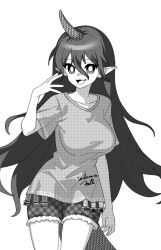 Rule 34 | 1girl, breasts, clothes writing, collarbone, fangs, greyscale, hair between eyes, horns, large breasts, long hair, looking at viewer, monochrome, onkn sxkn, open mouth, pointy ears, shirt, short shorts, short sleeves, shorts, simple background, single horn, solo, tenkajin chiyari, test tube, touhou