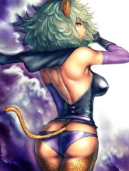Rule 34 | 1girl, animal ears, ass, back, backless outfit, bare back, bare shoulders, blue eyes, character request, elbow gloves, covered erect nipples, fumio (rsqkr), gloves, green hair, looking back, short hair, solo, tail