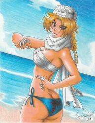 Rule 34 | 1girl, 2018, absurdres, armpits, artist name, ass, back, bandaged chest, bandaged fingers, bandages, bikini, blonde hair, braid, braided ponytail, breasts, butt crack, cowboy shot, from behind, grin, highres, large breasts, looking back, medium breasts, nintendo, ocean, ponytail, ravernclouk design, red eyes, scarf, sheik, sheikah, smile, solo, swimsuit, the legend of zelda, the legend of zelda: ocarina of time, traditional media, turban, white scarf