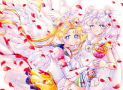 Rule 34 | 2girls, angel wings, bare arms, bishoujo senshi sailor moon, blonde hair, blue eyes, blue sailor collar, blue skirt, brooch, cape, choker, closed mouth, collarbone, cowboy shot, crescent, crescent facial mark, dot nose, double bun, dress, earrings, elbow gloves, eternal sailor moon, eternal tiare, facial mark, feathered wings, forehead mark, gloves, hair bun, hair ornament, heart, heart choker, heart hair bun, holding, holding staff, hoshikuzu (milkyway792), jewelry, layered skirt, long hair, looking at viewer, magical girl, multicolored eyes, multiple girls, parted lips, petals, puffy sleeves, red choker, red ribbon, red skirt, ribbon, ring, rose petals, sailor collar, sailor cosmos, sailor moon, sailor senshi, sailor senshi uniform, short dress, signature, skirt, smile, staff, standing, star (symbol), star choker, tsukino usagi, twintails, twitter username, watermark, white cape, white choker, white dress, white eyes, white gloves, white hair, white ribbon, white sailor collar, white wings, wings, yellow eyes, yellow skirt