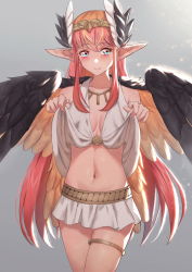 Rule 34 | 1girl, absurdres, bad id, bad pixiv id, bird wings, black wings, blue eyes, blush, breasts, circe (fate), clothes lift, fate/grand order, fate (series), feathered wings, headpiece, highres, jmao, light smile, long hair, midriff, miniskirt, navel, pink hair, pointy ears, shirt, shirt lift, skirt, sleeveless, sleeveless shirt, small breasts, solo, thighlet, very long hair, white shirt, white skirt, winged hair ornament, wings