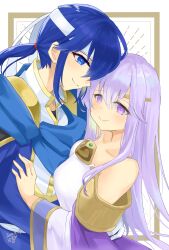 Rule 34 | 1boy, 1girl, absurdres, bare shoulders, blue hair, breasts, brother and sister, cape, circlet, dress, fire emblem, fire emblem: genealogy of the holy war, hand on another&#039;s chest, hand on another&#039;s hip, headband, highres, julia (fire emblem), medium breasts, nintendo, ponytail, purple eyes, purple hair, seliph (fire emblem), siblings, simple background, smile, white headband, yukia (firstaid0)