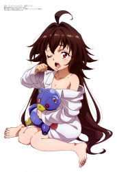 Rule 34 | 1girl, 86 -eightysix-, absurdres, ahoge, barefoot, brown eyes, brown hair, collarbone, collared shirt, dress shirt, feet, frederica rosenfort, full body, hair between eyes, highres, holding, holding stuffed toy, long hair, long sleeves, megami magazine, official art, one eye closed, open mouth, scan, shirt, simple background, sitting, stuffed animal, stuffed toy, teddy bear, teeth, toes, upper teeth only, very long hair, wariza, white background, white shirt, yawning