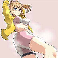 Rule 34 | 10s, 1girl, ass, bike shorts, blue eyes, blush, breasts, brown hair, gundam, gundam build fighters, gundam build fighters try, hoshino fumina, jacket, large breasts, looking at viewer, open clothes, open jacket, ponytail, short hair, smile, solo, sports bra, sweat, two-tone sports bra, yaruku