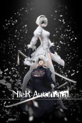 Rule 34 | 1girl, absurdres, alternate costume, blindfold, breasts, cleavage, copyright name, grey hair, high ponytail, highres, katana, large breasts, nier (series), nier:automata, short hair, solo, squatting, sword, thighhighs, weapon, 2b (nier:automata)