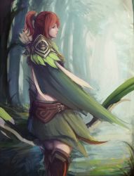 Rule 34 | 1girl, armor, arrow (projectile), back, bow (weapon), cape, closed mouth, dota (series), dota 2, green cape, highres, holding, holding bow (weapon), holding weapon, lips, long hair, looking at viewer, looking back, looking to the side, orange eyes, orange hair, outdoors, pauldrons, ponytail, quiver, shoulder armor, single pauldron, sinkme, sketch, solo, tree, weapon, windranger (dota)
