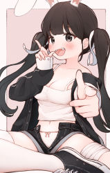 Rule 34 | 1girl, 1ssakawaguchi, absurdres, animal ears, bandaged leg, bandages, black eyes, black hair, blush, bow, bow panties, breasts, cleavage, collarbone, converse, copyright request, fangs, highres, long sleeves, medium breasts, open mouth, panties, pointing, pointing at viewer, rabbit ears, short shorts, shorts, sitting, tank top, twintails, underwear