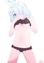 Rule 34 | 1girl, arona (blue archive), bikini, black bikini, blue archive, blue eyes, blue hair, blush, commentary, commentary request, hair over one eye, hairband, halo, looking at viewer, odaneru apart, partial commentary, pink hair, short hair, simple background, solo, sweat, swimsuit, white background