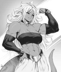 Rule 34 | 1girl, absurdres, android 21, black sclera, bracelet, breasts, broad shoulders, colored sclera, detached sleeves, dragon ball, dragon ball fighterz, female focus, flexing, greyscale, hand on own hip, harem pants, highres, jewelry, large breasts, long hair, looking at viewer, majin android 21, monochrome, muscular, muscular female, navel, pants, pointy ears, sharp teeth, solo, speedl00ver, strapless, tail, teeth, tube top, white hair