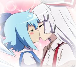 Rule 34 | 2girls, artist name, bishie sparkle, blouse, blue bow, blue dress, blue hair, blush, bow, breasts, buttons, cirno, closed eyes, closed mouth, collar, collared shirt, dress, from side, fujiwara no mokou, hair between eyes, ice, ice wings, kiss, long hair, medium breasts, multiple girls, pants, pink background, puffy short sleeves, puffy sleeves, red bow, red pants, remyfive, shirt, short hair, short sleeves, sidelocks, silver hair, sparkle, sparkle background, star (symbol), starry background, touhou, upper body, white bow, white shirt, white sleeves, wings, yuri
