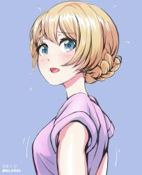 Rule 34 | 10s, 1girl, absurdres, artist name, blonde hair, blue background, blue eyes, blush, braid, commentary, darjeeling (girls und panzer), dated, embarrassed, flying sweatdrops, from side, girls und panzer, highres, looking at viewer, motion lines, one-hour drawing challenge, open mouth, portrait, purple shirt, shirt, short hair, short sleeves, simple background, sleeves rolled up, smile, solo, surprised, swept bangs, tonan leopard, twin braids