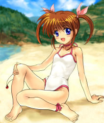 Rule 34 | 00s, 1girl, anklet, barefoot, beach, brown hair, casual one-piece swimsuit, choker, day, feet, halterneck, jewelry, leg ribbon, lyrical nanoha, mahou shoujo lyrical nanoha, mahou shoujo lyrical nanoha a&#039;s, mutsuki (moonknives), one-piece swimsuit, outdoors, purple eyes, raising heart, raising heart (standby mode), ribbon, ribs, seven arcs, sitting, smile, solo, swimsuit, takamachi nanoha, toes, twintails, water