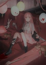 Rule 34 | 1girl, :d, balloon, black footwear, black jacket, blood, blush, boots, breasts, chihuri, couch, damaged, ear piercing, earrings, hair between eyes, heart, high heel boots, high heels, highres, holding, holding knife, indoors, jacket, jewelry, knife, long hair, looking at viewer, medium breasts, off shoulder, on couch, open clothes, open jacket, open mouth, original, piercing, pillow, pink hair, pink skirt, puffy short sleeves, puffy sleeves, red ribbon, ribbon, shirt, short sleeves, sitting, skirt, smile, solo, stuffed animal, stuffed rabbit, stuffed toy, teddy bear, very long hair, white shirt, yana (chihuri), yellow eyes
