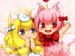 Rule 34 | 2girls, :d, animal ears, blonde hair, bow, bowtie, cat ears, cat tail, cotton blanket (game), hair bow, kyuuri ponpon toto rozanna, looking at another, messier number, multiple girls, nekoashi otome, open mouth, pink hair, red eyes, grey eyes, smile, tail, waving