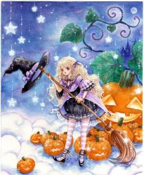 1girl eri eri-noa eri_momo female_focus halloween jack-o&#039;-lantern original pumpkin solo striped_clothes striped_thighhighs thighhighs