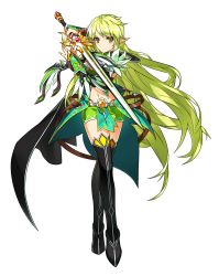 Rule 34 | 1girl, black footwear, boots, buckle, closed mouth, crossed legs, elsword, expressionless, fighting stance, full body, green eyes, green hair, green skirt, highres, holding, holding sword, holding weapon, long hair, looking at viewer, miniskirt, navel, night watcher (elsword), no nose, official art, pointy ears, rena erindel, ress, skirt, solo, standing, sword, thigh boots, thighhighs, transparent background, weapon, zettai ryouiki