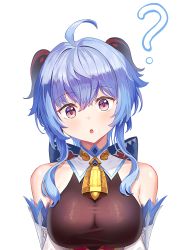Rule 34 | 1girl, :o, ?, absurdres, ahoge, bare shoulders, bell, blue hair, blush, bow, breasts, cleavage, detached sleeves, doggo34476335, ganyu (genshin impact), genshin impact, highres, horns, large breasts, long hair, looking at viewer, neck bell, open mouth, purple eyes, revision, sidelocks, solo, upper body, white background, white sleeves
