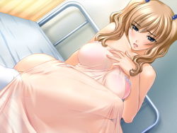 Rule 34 | 1girl, ayanojou reiko, bed, bed sheet, blonde hair, blue eyes, blush, bra, covering privates, dutch angle, embarrassed, game cg, hair bobbles, hair ornament, hospital bed, indoors, lingerie, lying, queen bonjourno, sano toshihide, see-through, solo, source request, twintails, underwear