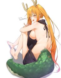 Rule 34 | 10s, 1girl, artist name, backless outfit, bare back, barefoot, black sweater, breasts, dragon girl, dragon horns, dragon tail, fpanda, from behind, highres, horns, kobayashi-san chi no maidragon, large breasts, large tail, long hair, looking at viewer, looking back, meme attire, orange eyes, orange hair, sideboob, simple background, sitting, solo, sweater, tail, tohru (maidragon), translation request, turtleneck, turtleneck sweater, twintails, v, virgin killer sweater, white background