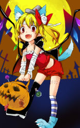 Rule 34 | 1girl, animal ears, bad id, bad pixiv id, bandages, blonde hair, blush, bow, candy, fang, flandre scarlet, food, full moon, harry (namayake), hat, highres, jack-o&#039;-lantern, kemonomimi mode, long hair, looking at viewer, moon, open mouth, paw shoes, pointy ears, red eyes, shoes, side ponytail, skirt, smile, solo, tail, thighhighs, touhou, wings, wolf ears, wolf tail