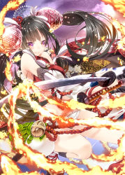 Rule 34 | &gt;:), 1girl, 218, bare shoulders, belt, black hair, black socks, breasts, buttons, cross-laced footwear, ferris wheel, fire, fire, floral print, hair ribbon, hair tubes, holding, holding sword, holding weapon, katana, long hair, looking at viewer, midriff, original, purple eyes, ribbon, rope, sandals, short shorts, shorts, sky, smile, socks, solo, star (sky), starry sky, sword, thighs, tsurime, twintails, unsheathed, v-shaped eyebrows, very long hair, weapon, white ribbon