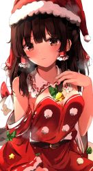 Rule 34 | 1girl, bad id, bad pixiv id, bell, belt, bow, breasts, brown eyes, brown hair, christmas, cleavage, commentary, detached collar, detached sleeves, fur-trimmed headwear, fur trim, hair bow, hair tubes, hakurei reimu, hand on own chest, hat, highres, leotard, long hair, looking at viewer, medium breasts, pom pom (clothes), red bow, red leotard, red sleeves, santa costume, santa hat, shangurira, simple background, solo, strapless, strapless leotard, touhou, upper body, white background