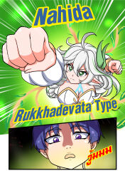 Rule 34 | 1girl, 2koma, :o, absurdres, atawatsho, black hair, breasts, cleavage, clenched hands, comic, commentary, english commentary, engrish commentary, genshin impact, gradient hair, green eyes, hair between eyes, hair ornament, henshin, highres, leaf hair ornament, left-to-right manga, long hair, long sleeves, looking at another, looking at viewer, medium breasts, multicolored hair, nahida (genshin impact), parody, pointy ears, purple eyes, raised fist, rukkhadevata (genshin impact), scaramouche (genshin impact), side ponytail, sidelocks, silent comic, split mouth, surprised, symbol-shaped pupils, thai text, translation request, two-tone hair, ultra series, white hair