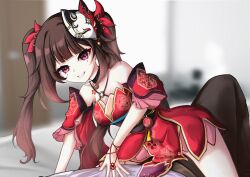 Rule 34 | 1boy, 1girl, :d, absurdres, arm support, bare shoulders, bell, black choker, black pants, blurry, bow, brown hair, choker, depth of field, dress, fox mask, grin, hair bow, hand on another&#039;s chest, highres, honkai: star rail, honkai (series), kanbara uji, knees up, long hair, looking at viewer, lying, mask, mask on head, neck bell, on back, open mouth, pants, pelvic curtain, pink eyes, red bow, red dress, shirt, short dress, sidelocks, sleeveless, sleeveless dress, smile, sparkle (honkai: star rail), straddling, teeth, twintails, white shirt