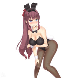 Rule 34 | 1girl, absurdres, animal ears, black pantyhose, blue eyes, blunt bangs, blush, bow, bowtie, breasts, cleavage, detached collar, embarrassed, fake animal ears, feet out of frame, highres, knees together feet apart, large breasts, leaning forward, legs together, leotard, long hair, looking at viewer, mole, mole on breast, new game!, nose blush, pantyhose, playboy bunny, ponytail, purple hair, rabbit ears, rabbit girl, rabbit tail, sainohikari, sidelocks, simple background, solo, standing, tail, takimoto hifumi, very long hair, white background, wrist cuffs