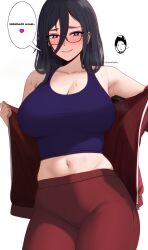 Rule 34 | 1girl, absurdres, artist name, blush, breasts, cleavage, closed mouth, crop top, demi-chan wa kataritai, edmun6969, english text, hair between eyes, heart, heart-shaped pupils, highres, jacket, large breasts, long hair, midriff, navel, purple eyes, purple hair, revision, satou sakie, simple background, smile, solo, speech bubble, stomach, sweat, symbol-shaped pupils, takanashi hikari, track jacket, white background